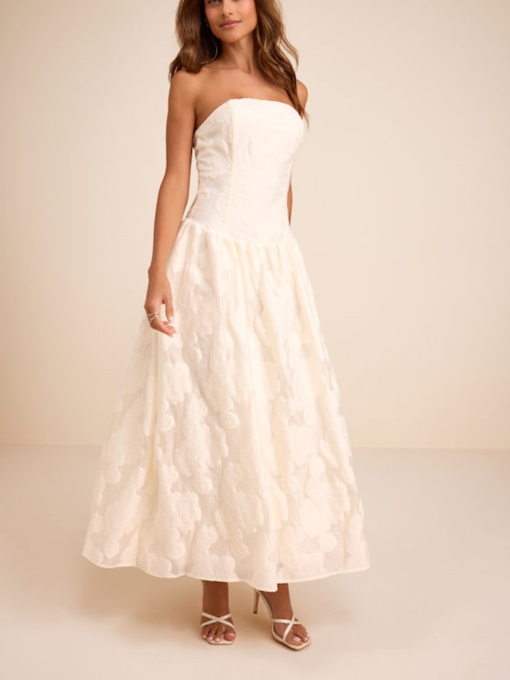 Lulus Calen Cream Floral Jacquard Drop Waist Maxi Dress White - Size L